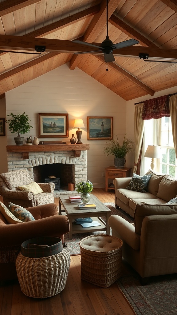 Cozy cottage-style living room with wooden beams, a fireplace, and comfortable seating