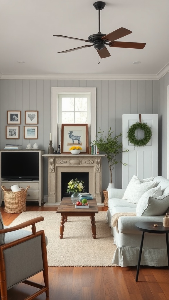 Cozy gray living room with a fireplace, comfortable sofa, and decorative accents.