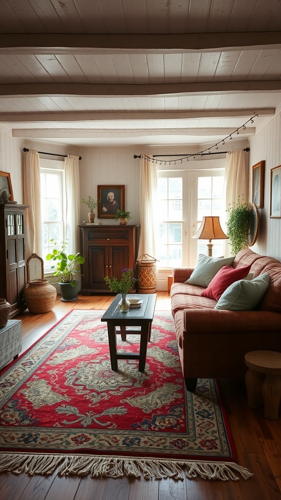 Cozy living room featuring a red patterned rug, soft furnishings, and natural decor elements