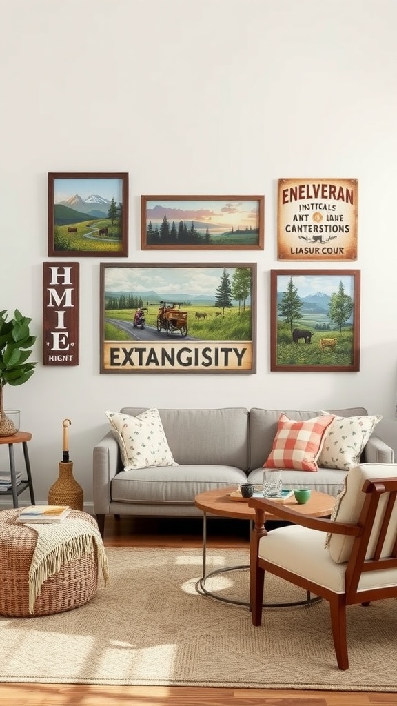 A cozy living room featuring country-inspired wall art, including framed landscapes and vintage signs.