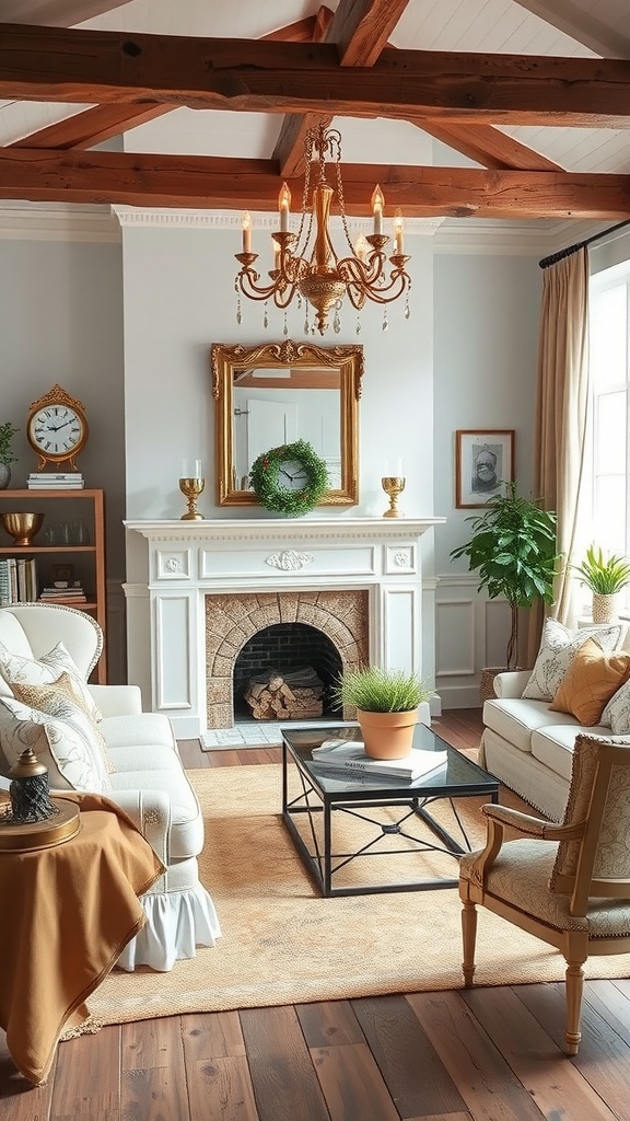 Cozy country chic living room with golden accents and wooden beams