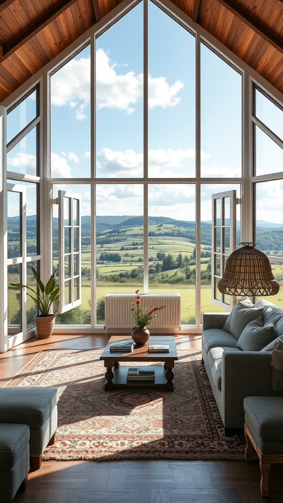 A cozy country living room with large windows showcasing a scenic view of rolling hills and greenery.