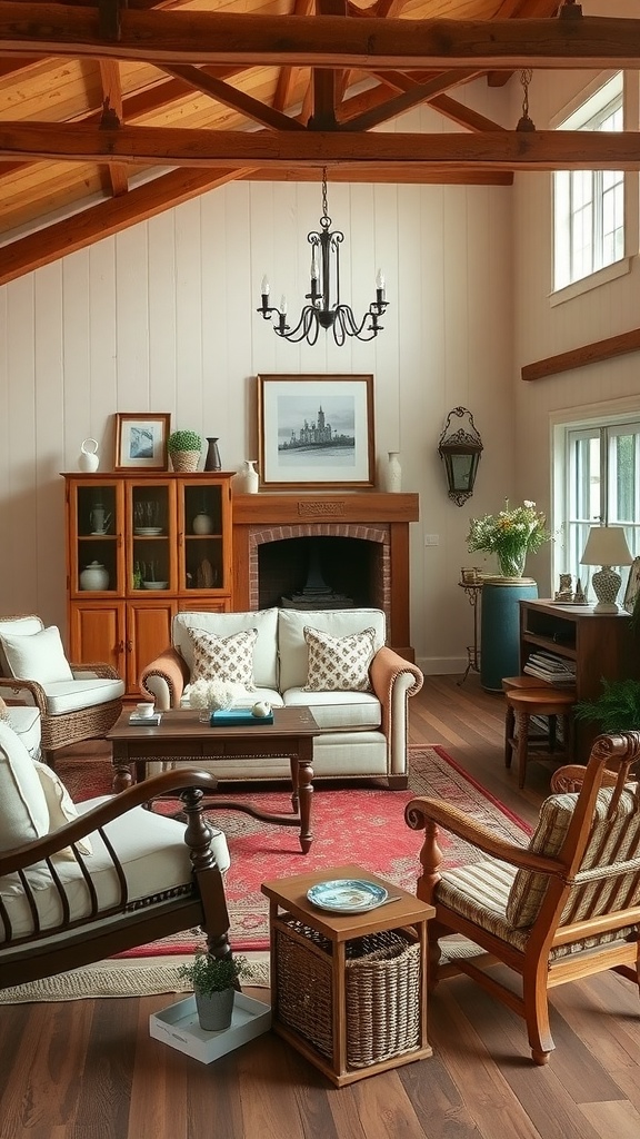 Country style living room featuring brown wood beams and white furniture accents, with a cozy atmosphere.