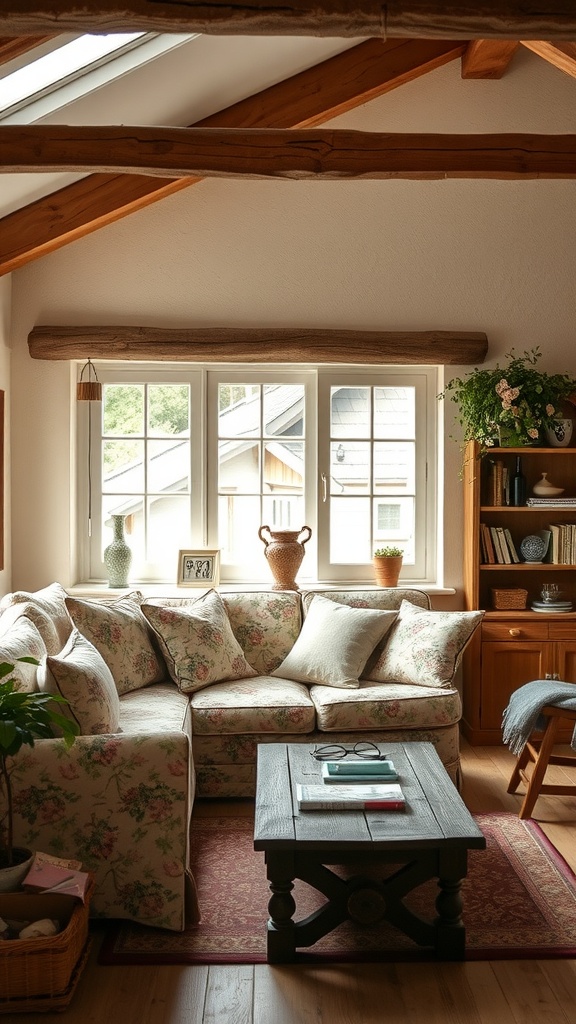 Cozy countryside cottage living room with floral sofa, wooden beams, and potted plants.