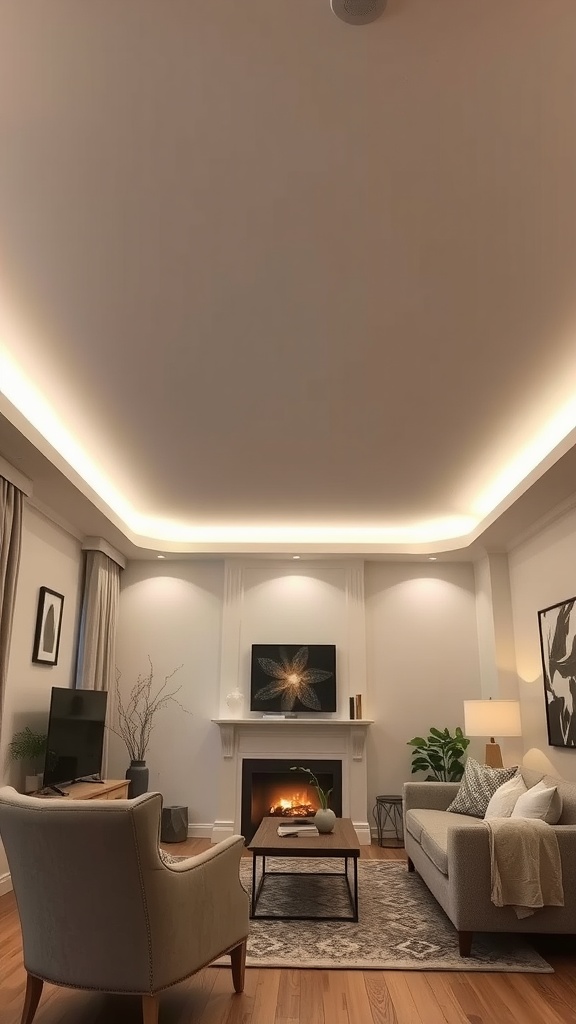 A living room featuring cove lighting, showcasing a soft glow on the ceiling and cozy furnishings.