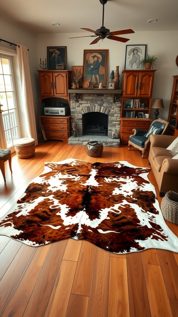 A cozy ranch-style living room featuring a cowhide rug, wooden floors, and rustic furniture.