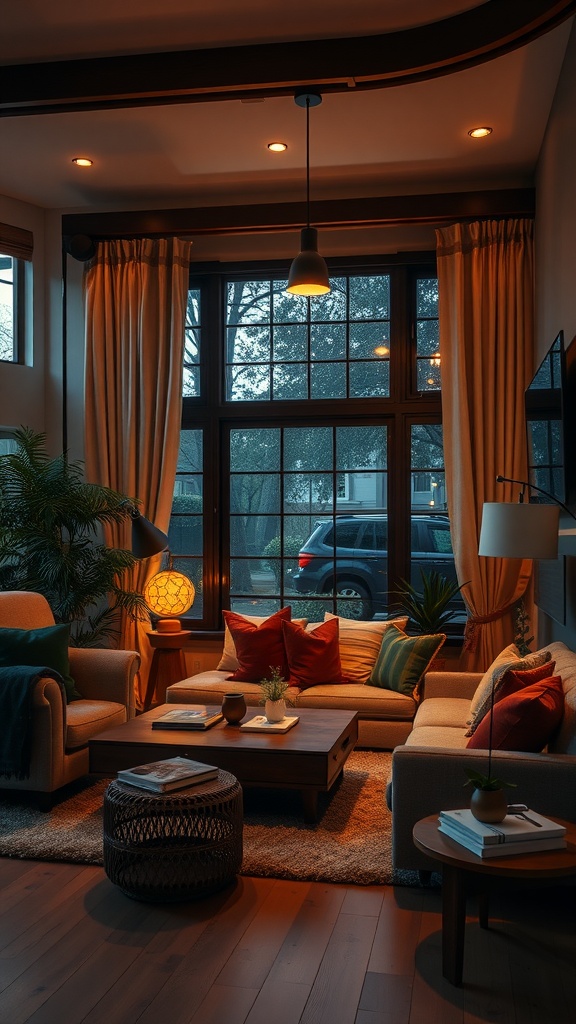 A cozy living room with warm lighting, featuring soft sofas, colorful cushions, and a wooden coffee table.