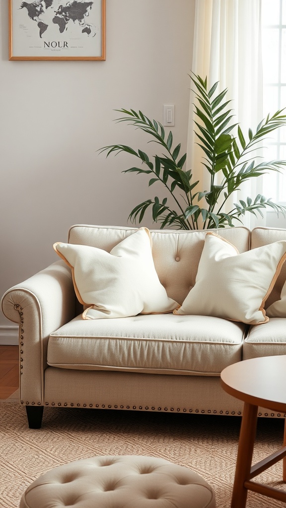 Cozy beige sofa with white accent pillows and a leafy plant in a stylish living room