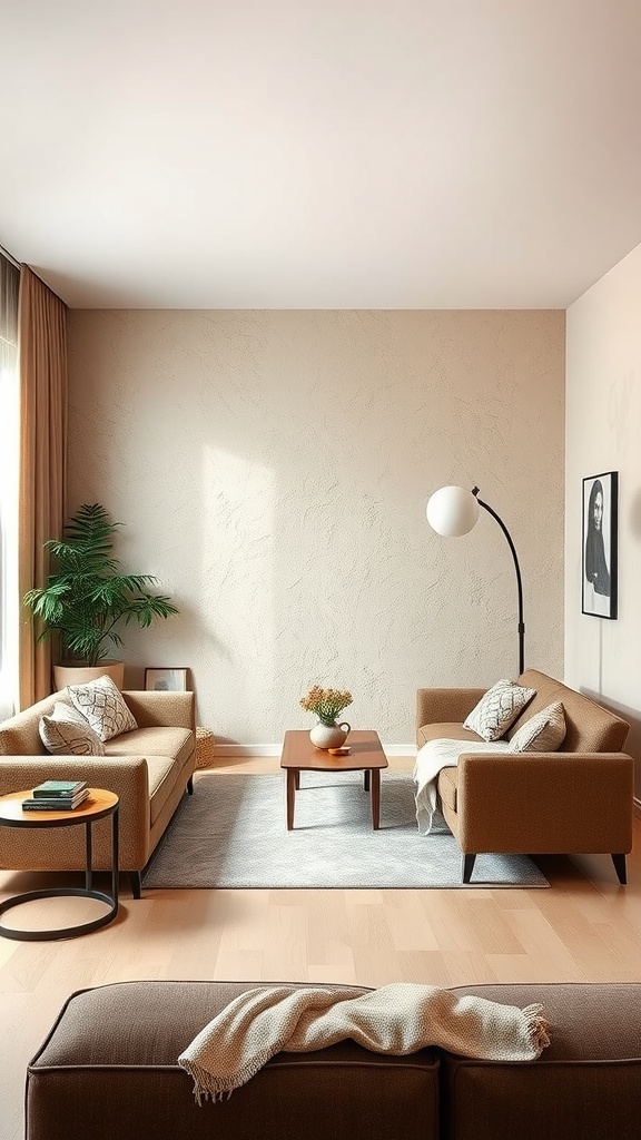 A cozy living room with beige textured walls, brown sofas, a coffee table, and a potted plant.