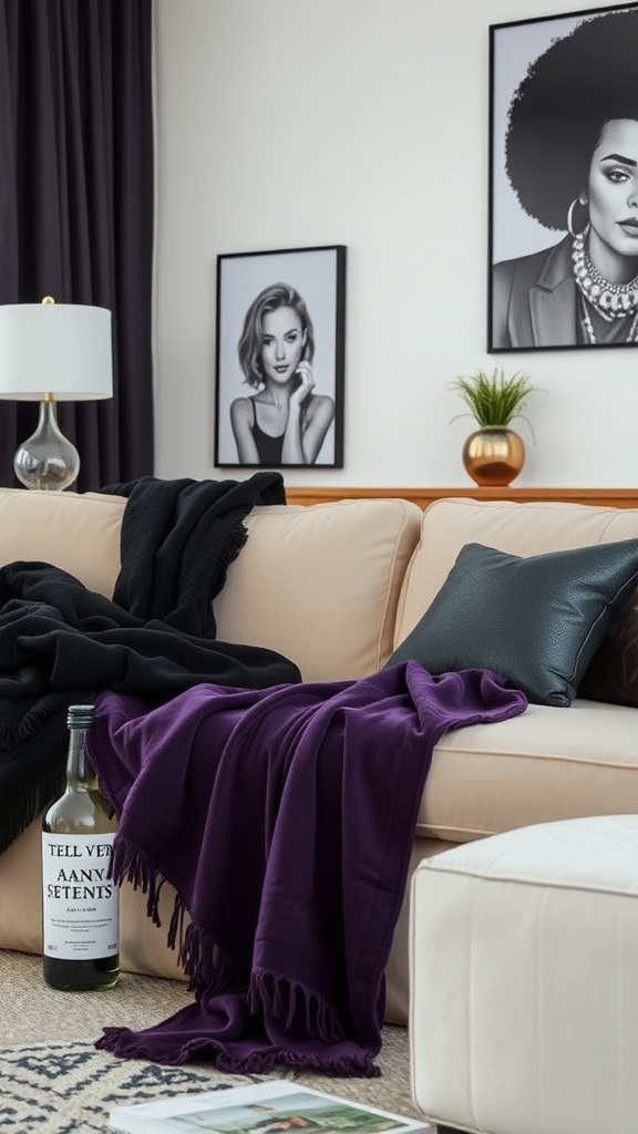 Black and purple throw blankets on a modern couch in a stylish living room