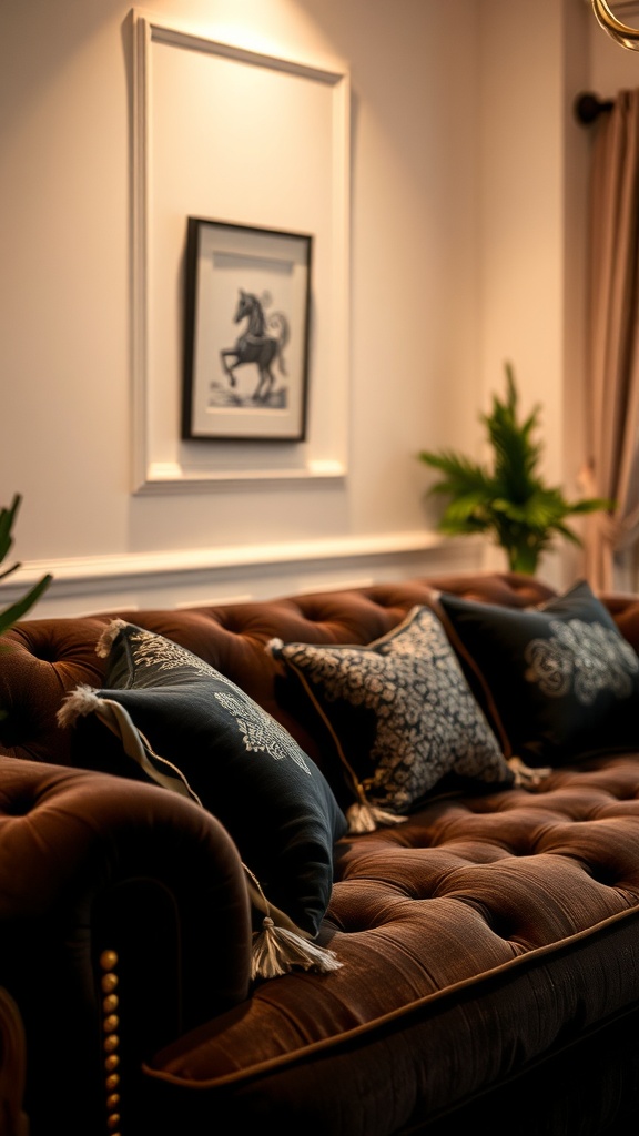 A cozy living room scene featuring a brown sofa with decorative navy blue pillows, adding warmth and comfort to the space.