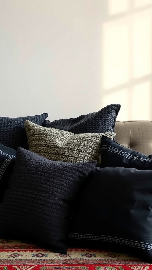 A cozy pile of black textured throw pillows arranged on a sofa.