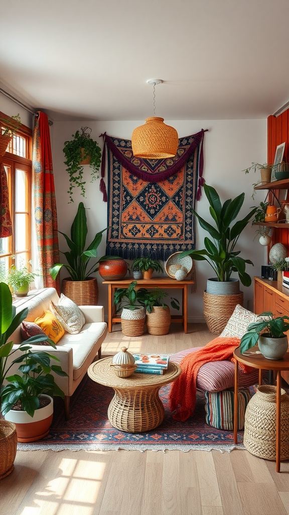 A cozy bohemian living room featuring a tapestry, plants, and comfortable seating.