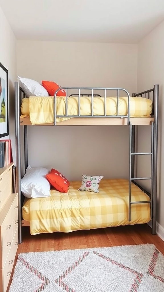 Cozy bunk bed with yellow bedding in a shared bedroom