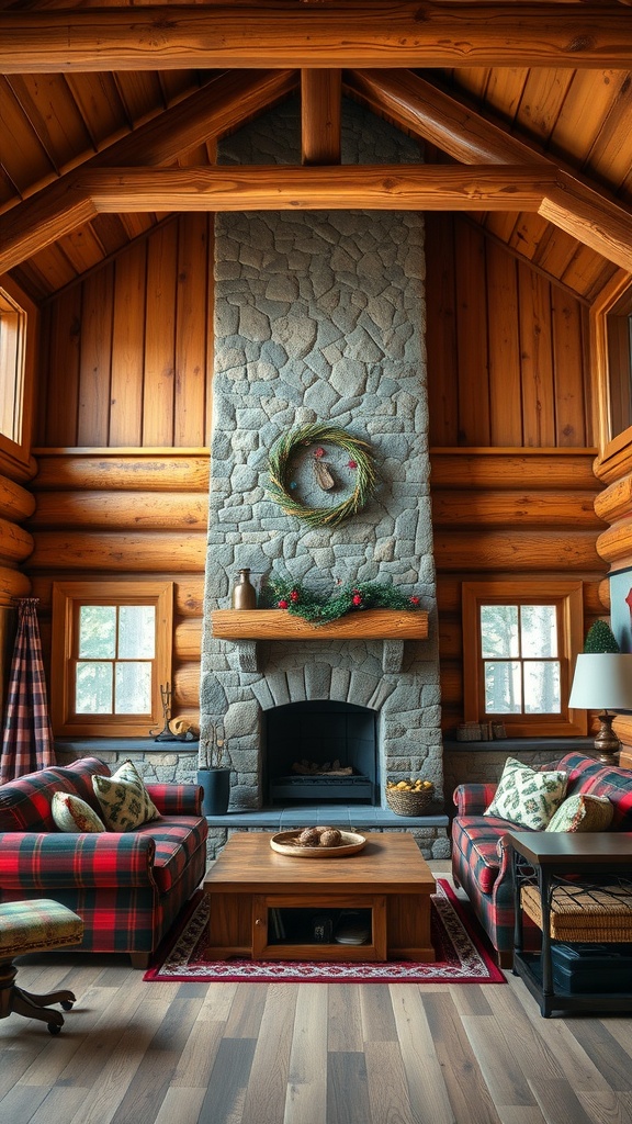 Cozy cabin living room with wooden walls, stone fireplace, plaid sofas, and large windows.