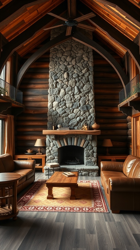 A cozy cabin living room featuring dark wood elements, a stone fireplace, and leather sofas.