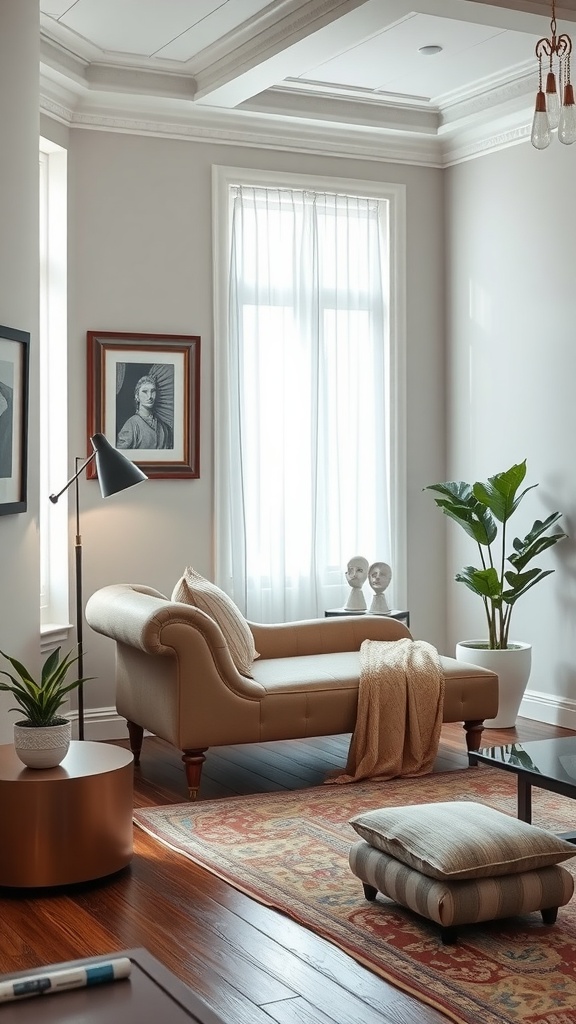 A cozy living room featuring a chaise lounge, natural light, plants, and a warm atmosphere.