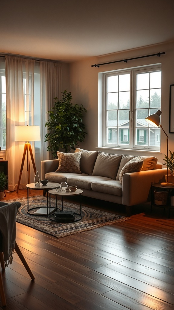 A cozy living room featuring a beige corner couch with throw pillows, a coffee table on a rug, and warm lighting from a lamp.