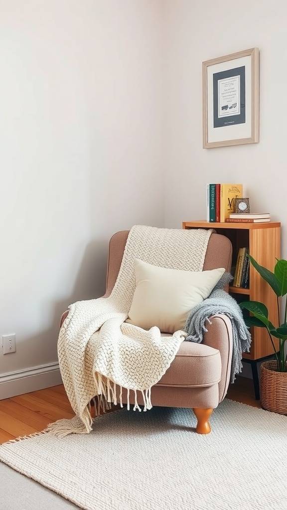 Cozy corner nook featuring a soft armchair with blankets and a small bookshelf