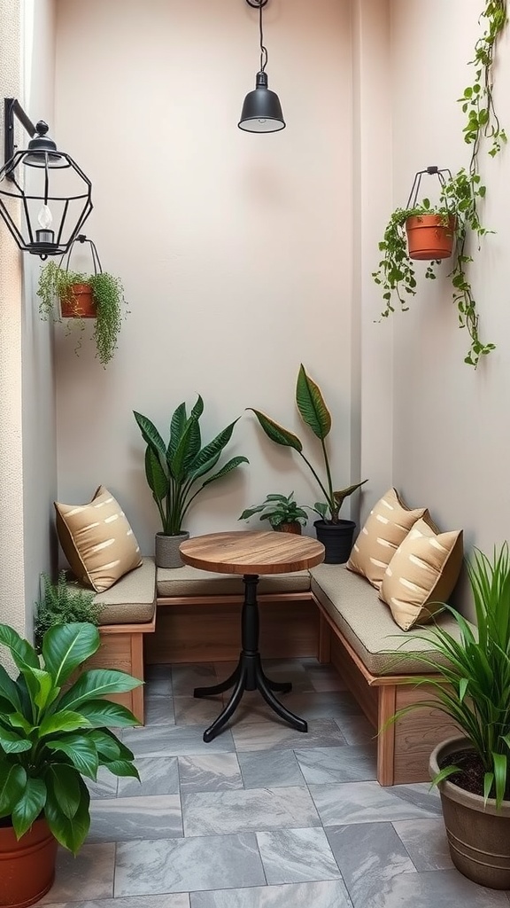 A cozy living room nook with built-in seating, surrounded by plants and a small table.