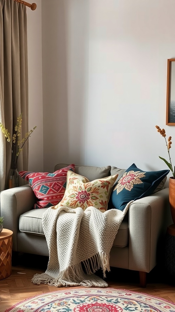 A cozy living room corner with a sofa, colorful pillows, and a knitted blanket.