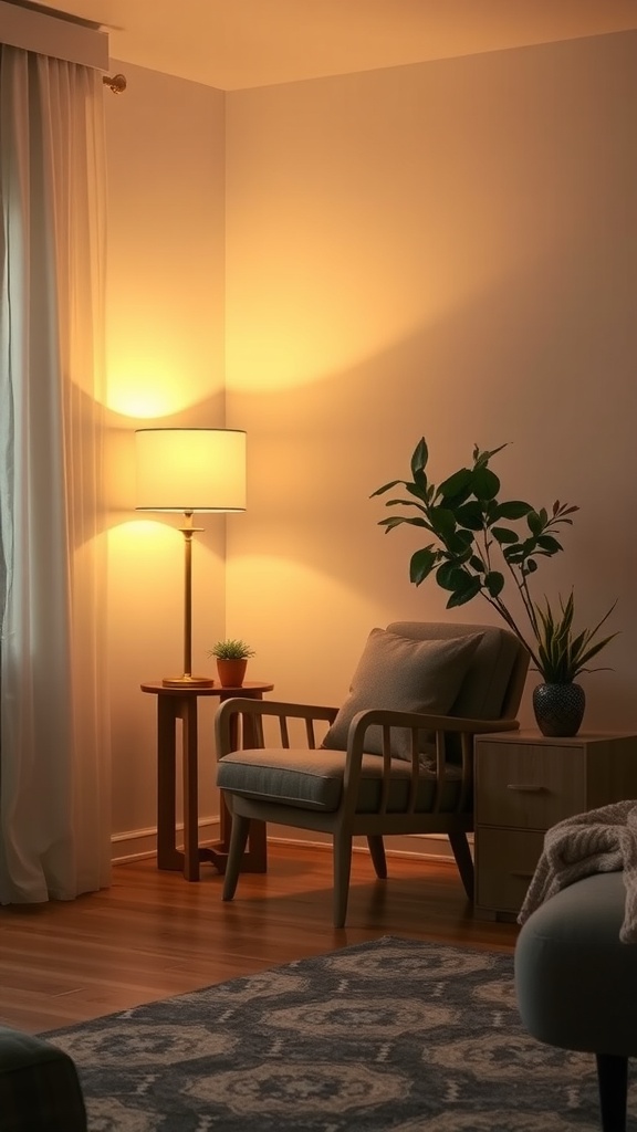 A cozy corner with a chair, lamp, and plants for relaxation.