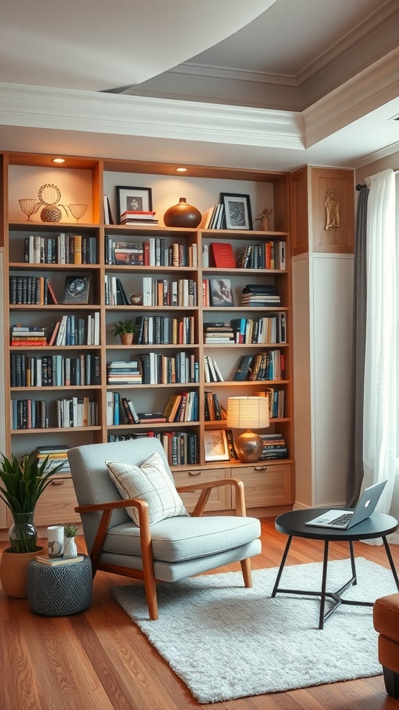 Cozy reading nook with a comfortable chair, side table, and a bookshelf filled with books.