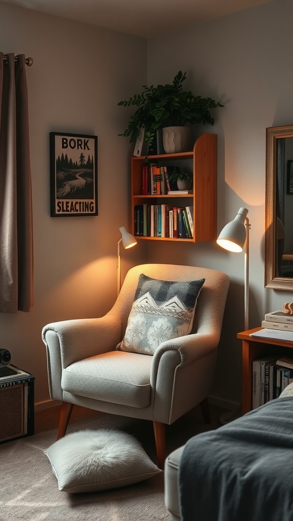 A cozy reading nook in a dorm room with a comfortable chair, decorative pillow, bookshelf, and warm lighting.