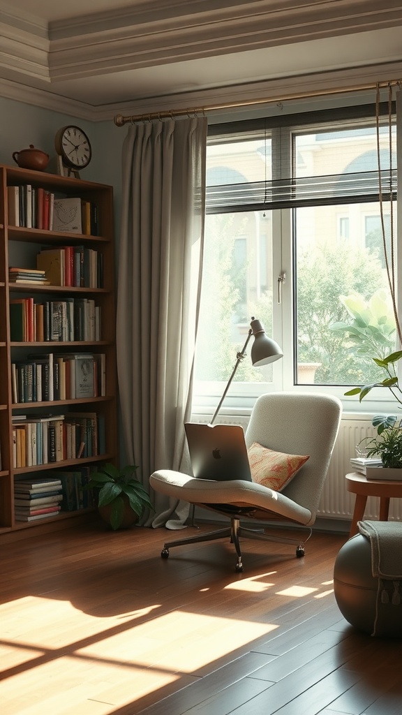 A cozy reading nook with a comfortable chair, bookshelves, and a bright window.