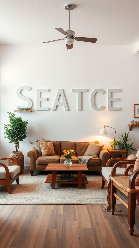 A cozy living room with a white accent wall, brown sofa, and plants, exuding cottage charm.