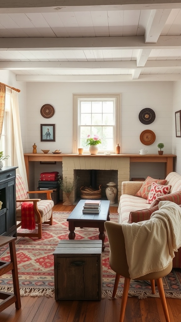 Cozy vintage living room with a fireplace, wooden furniture, and decorative elements