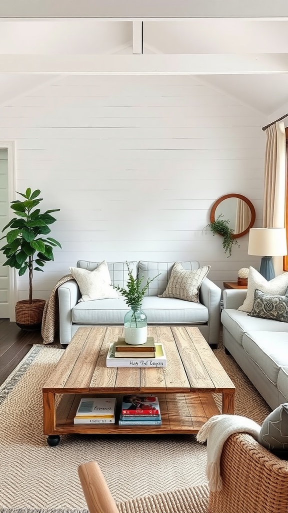 A cozy living room with white walls, light sofas, a wooden coffee table, and green plants