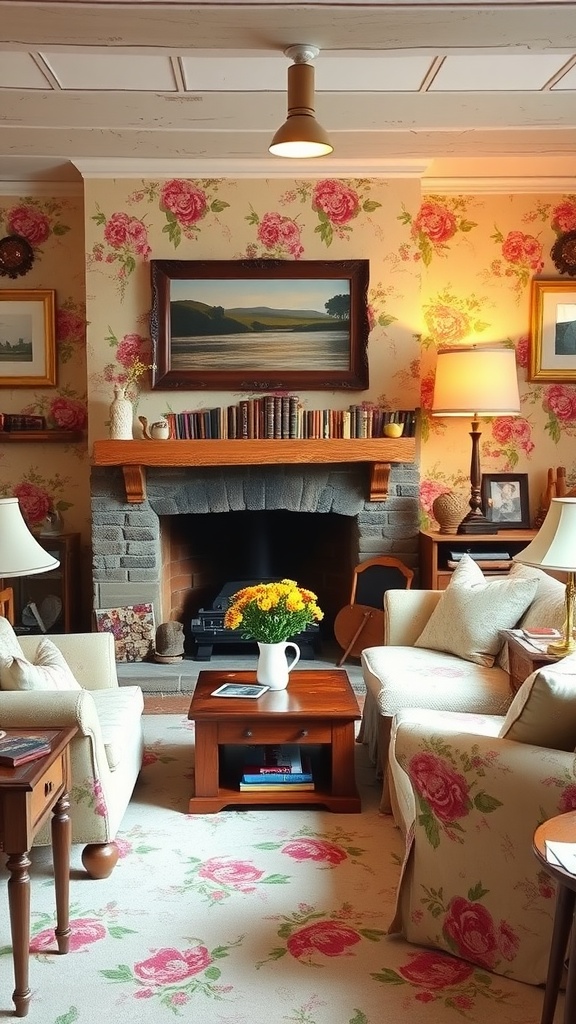 Cozy living room with floral wallpaper, fireplace, and comfortable furniture