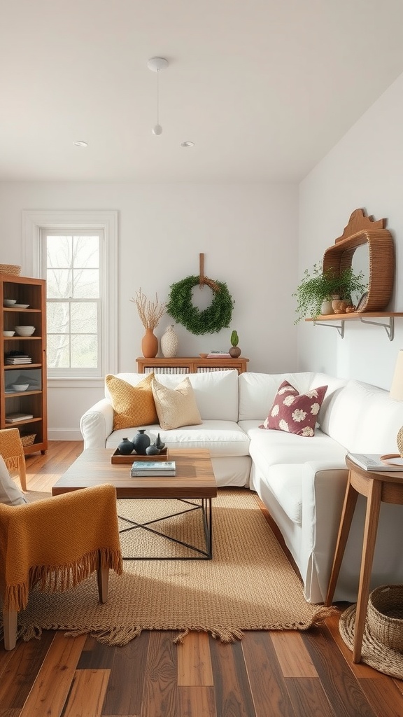 Cozy living room with white couch, wooden accents, and plants