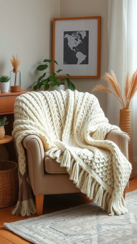 A cozy cream knit throw draped over a beige armchair in a warm living room setting.