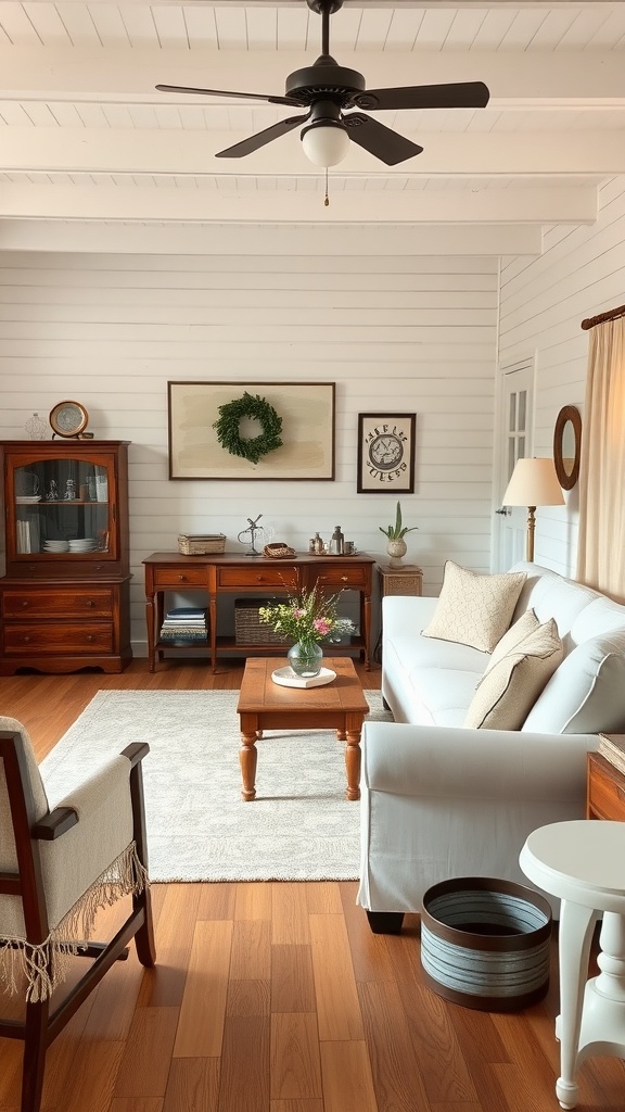 Cozy farmhouse living room with white walls, wooden furniture, and decorative elements