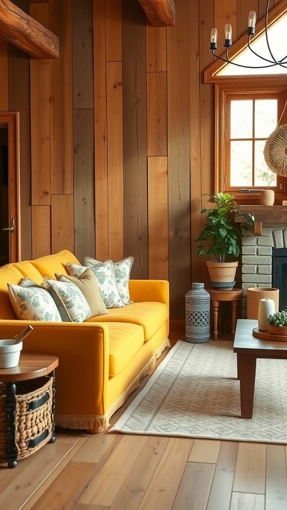 Cozy farmhouse living room featuring a mustard yellow sofa with patterned pillows, wooden walls, and rustic decor.