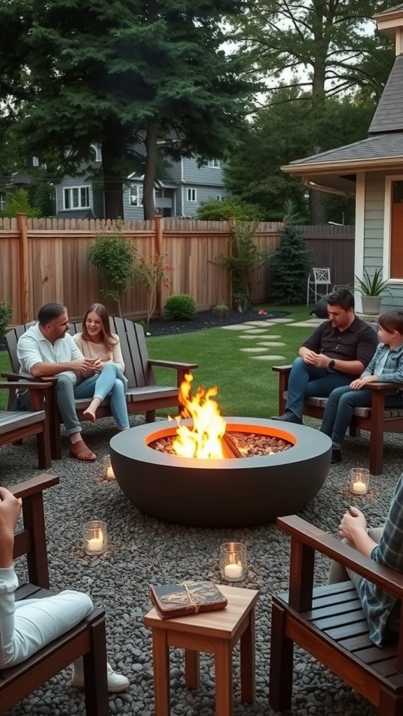 A cozy backyard setting with a fire bowl surrounded by friends seated in wooden chairs.