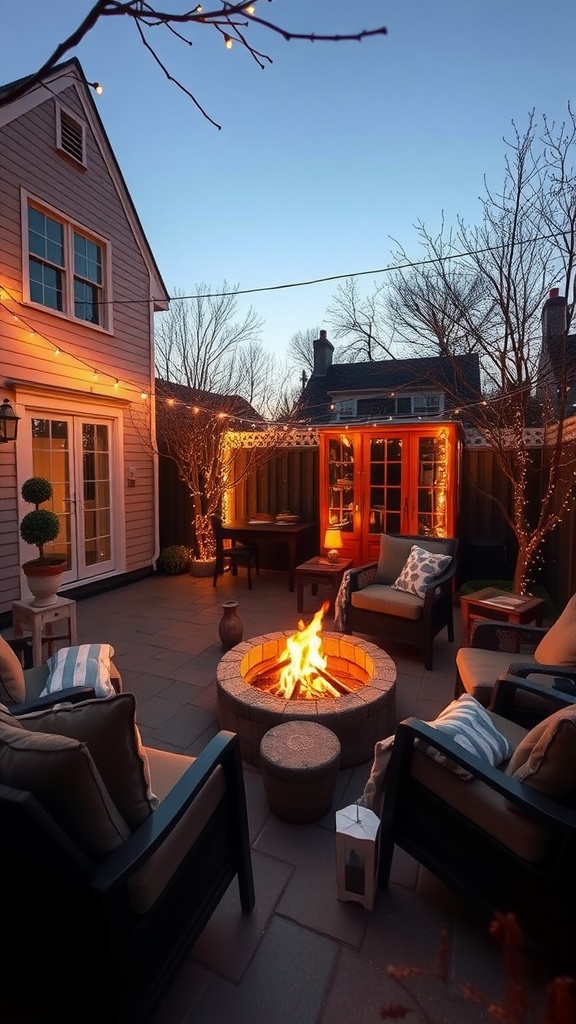 Cozy outdoor lounge with a fire pit, comfortable seating, and string lights illuminating the space.