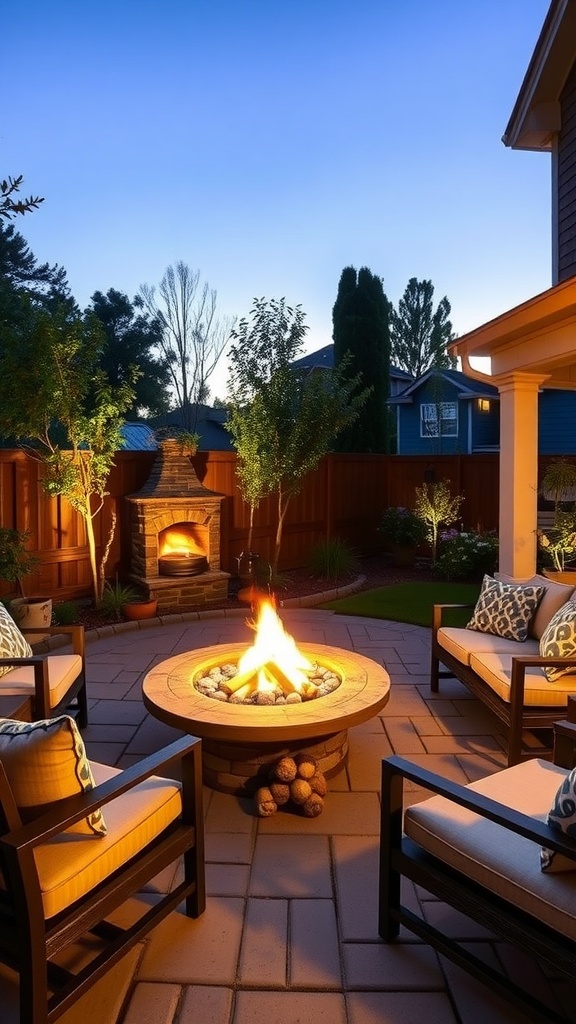 Cozy outdoor fire pit lounge area with comfortable chairs and a warm fire