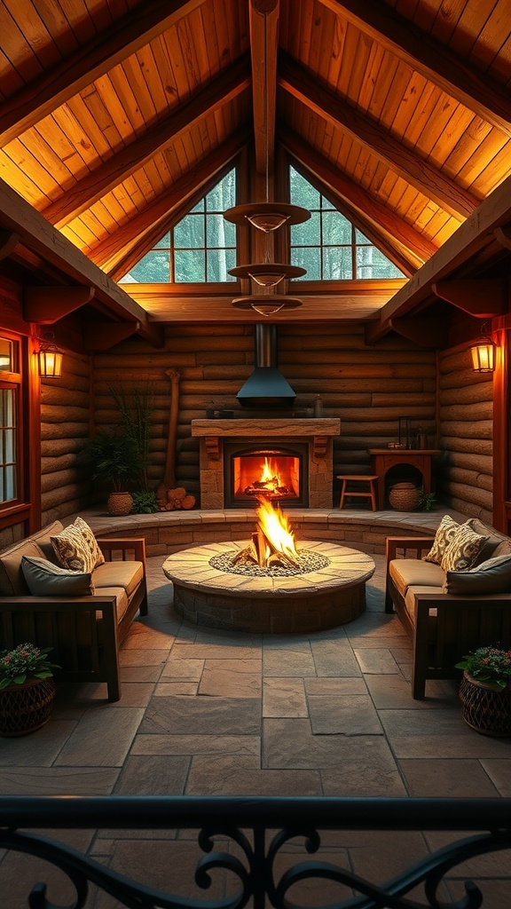 A cozy sunken living room featuring a central fire pit surrounded by comfortable seating and rustic wooden beams.