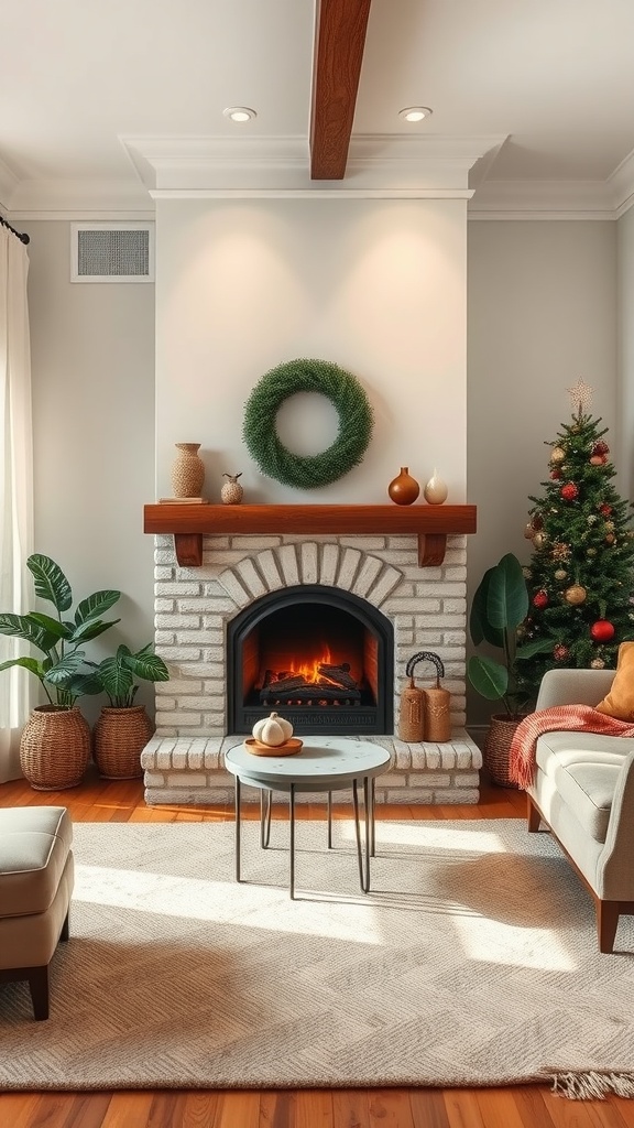 A cozy fireplace nook with a brick fireplace, a wreath on the mantel, and a decorated Christmas tree nearby.