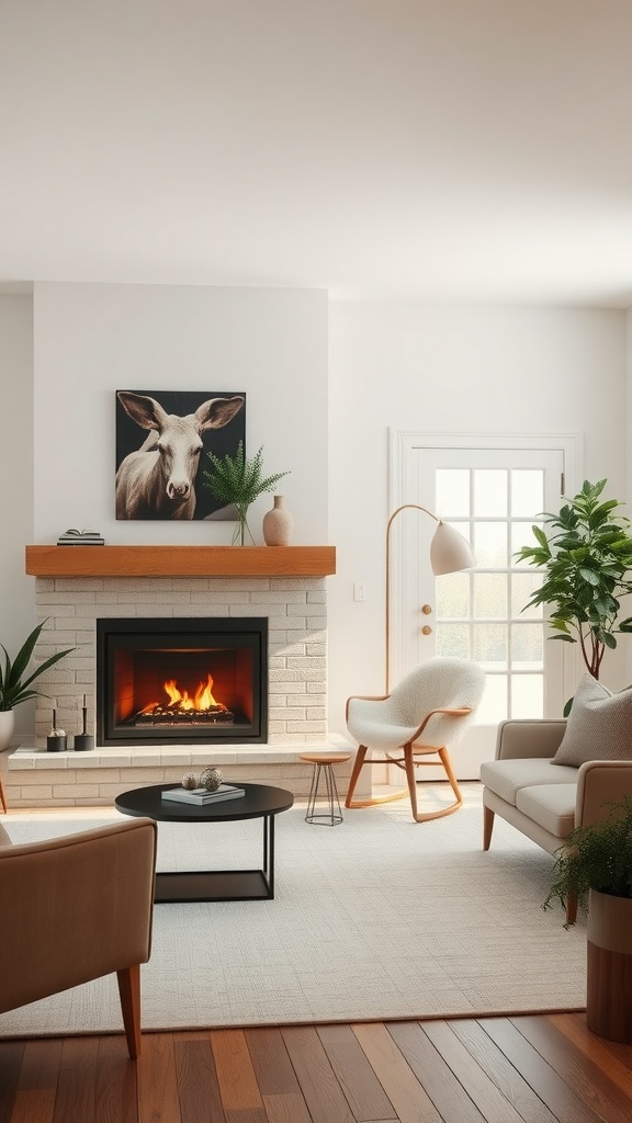 Cozy living room with a fireplace, neutral colors, and plants