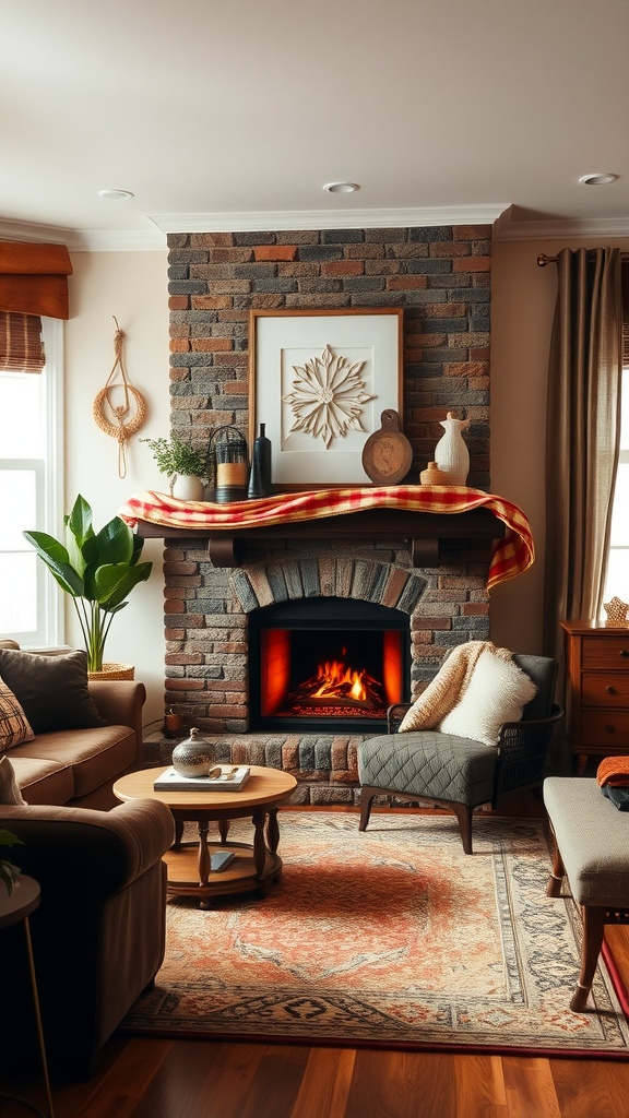 Cozy living room with a dark brown sofa and a fireplace, featuring warm decor and a comfortable setting.