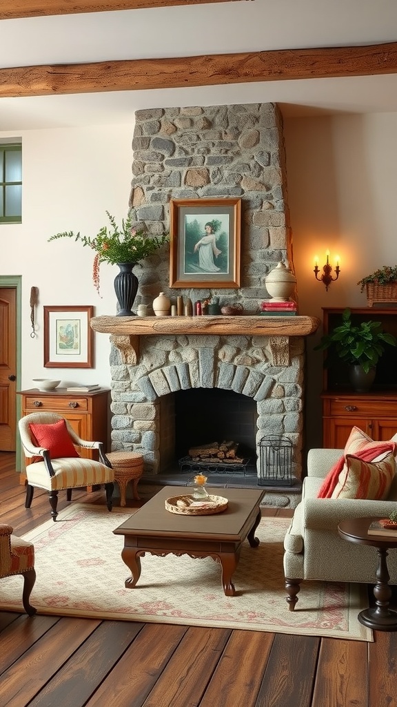 Cozy French country living room with a stone fireplace, comfortable seating, and rustic decor.