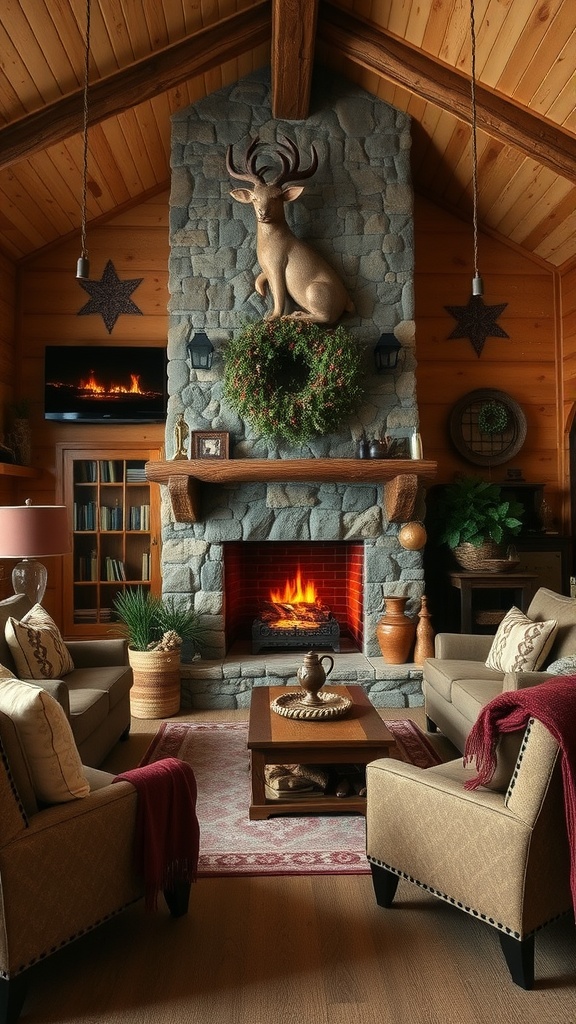 A cozy rustic living room featuring a large stone fireplace with a deer sculpture, comfortable seating, and warm decor.