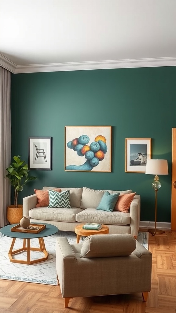 Living room featuring a cozy forest green accent wall with light furniture and decorative elements.