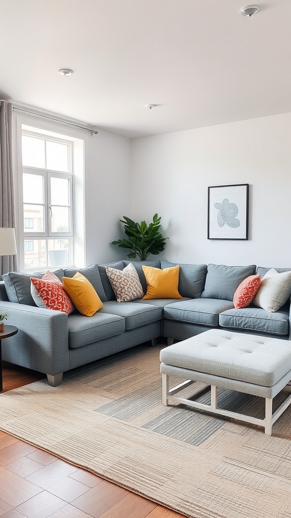 A cozy living room featuring a gray sectional sofa with colorful cushions and a decorative ottoman.