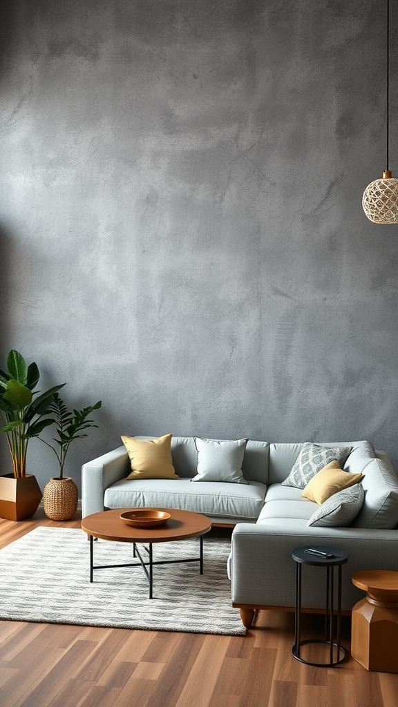 Cozy living room with textured gray walls, light sofa, colorful cushions, and wooden furniture