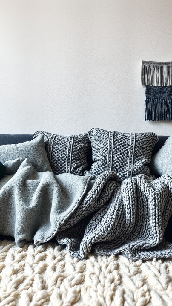 Cozy gray living room with textured pillows and blankets